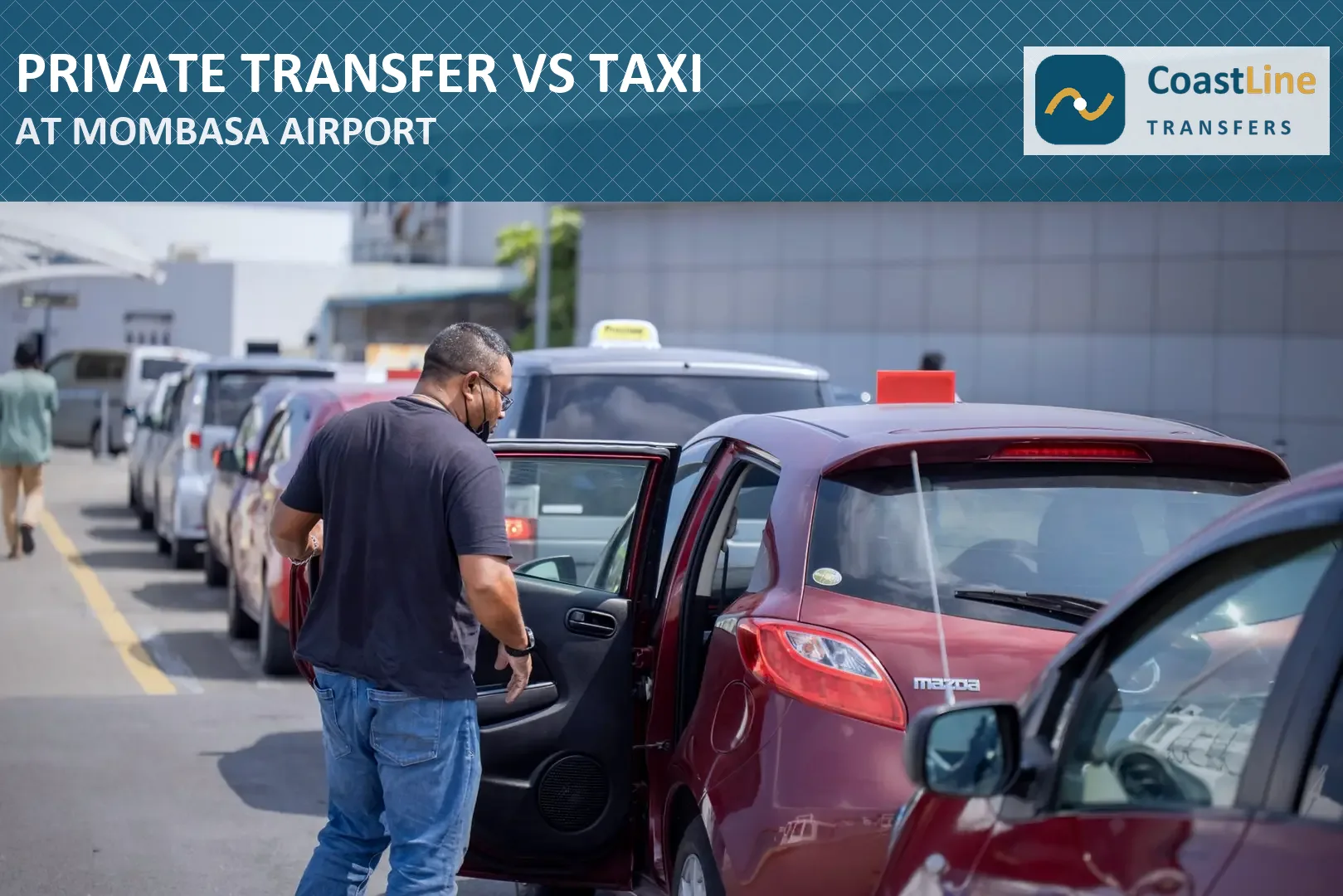 passengers queuing at airport taxi rank without a pre-booked private transfer